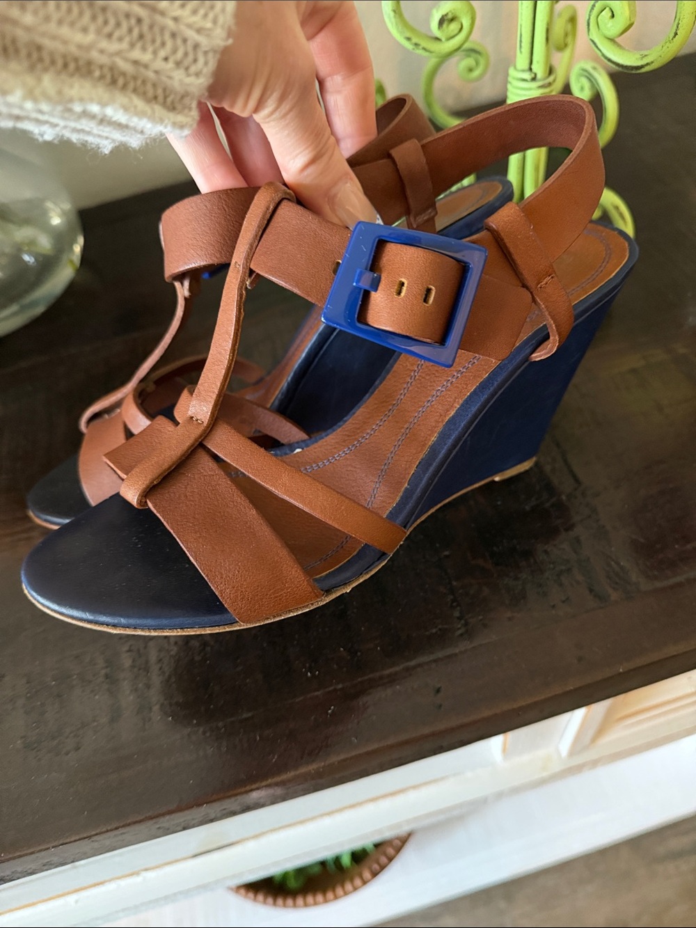BOSS ORANGE Brown Leather Wedge Sandals with Blue Buckle